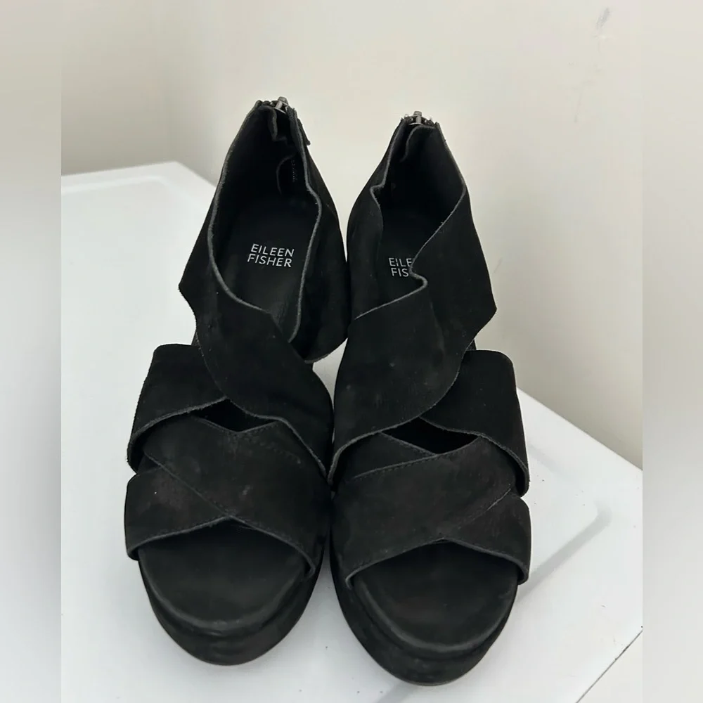 Eileen Fisher Suede Wedge Sandals Zipper Detail Zipper Detail Black Size 6